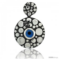 Sterling Silver Dotted Round Blue Color Evil Eye Pendant, 1 in wide