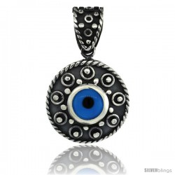 Sterling Silver Rope Edge Design Blue Color Evil Eye Pendant, 7/8 in wide