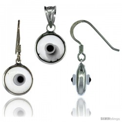 Sterling Silver Translucent Light Gray Color Evil Eye Pendant & Earrings Set