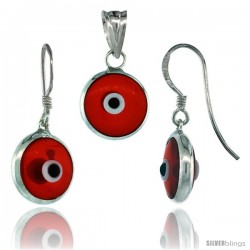 Sterling Silver Translucent Red Color Evil Eye Pendant & Earrings Set