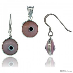 Sterling Silver Light Pink Color Evil Eye Pendant & Earrings Set