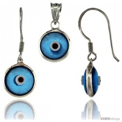 Sterling Silver Translucent Blue Color Evil Eye Pendant & Earrings Set