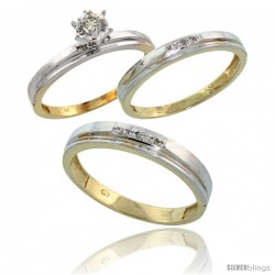 10k Yellow Gold Diamond Trio Wedding Ring Set His 4mm & Hers 3mm