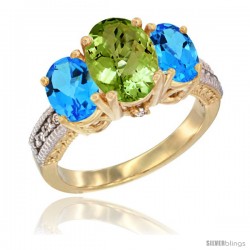 10K Yellow Gold Ladies 3-Stone Oval Natural Peridot Ring with Swiss Blue Topaz Sides Diamond Accent