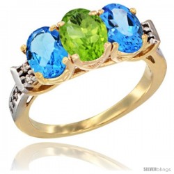 10K Yellow Gold Natural Peridot & Swiss Blue Topaz Sides Ring 3-Stone Oval 7x5 mm Diamond Accent