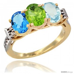 10K Yellow Gold Natural Swiss Blue Topaz, Peridot & Aquamarine Ring 3-Stone Oval 7x5 mm Diamond Accent