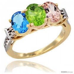 10K Yellow Gold Natural Swiss Blue Topaz, Peridot & Morganite Ring 3-Stone Oval 7x5 mm Diamond Accent