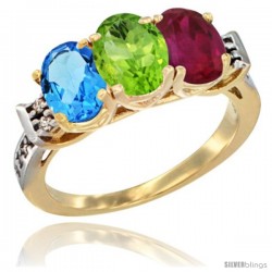 10K Yellow Gold Natural Swiss Blue Topaz, Peridot & Ruby Ring 3-Stone Oval 7x5 mm Diamond Accent