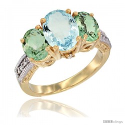 10K Yellow Gold Ladies 3-Stone Oval Natural Aquamarine Ring with Green Amethyst Sides Diamond Accent