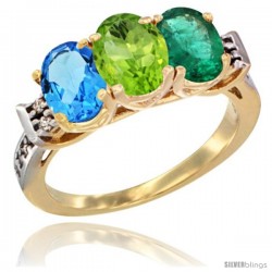 10K Yellow Gold Natural Swiss Blue Topaz, Peridot & Emerald Ring 3-Stone Oval 7x5 mm Diamond Accent