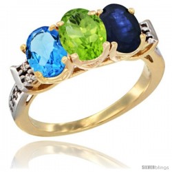 10K Yellow Gold Natural Swiss Blue Topaz, Peridot & Blue Sapphire Ring 3-Stone Oval 7x5 mm Diamond Accent