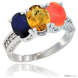 10K White Gold Natural Blue Sapphire, Whisky Quartz & Coral Ring 3-Stone Oval 7x5 mm Diamond Accent