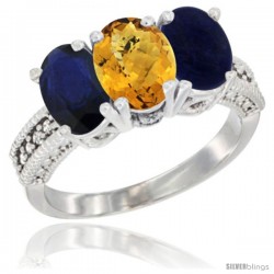 10K White Gold Natural Blue Sapphire, Whisky Quartz & Lapis Ring 3-Stone Oval 7x5 mm Diamond Accent