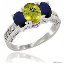 10K White Gold Ladies Oval Natural Lemon Quartz 3-Stone Ring with Blue Sapphire Sides Diamond Accent