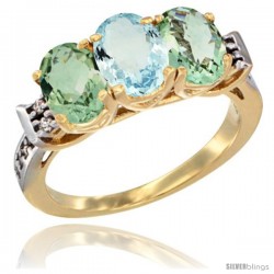 10K Yellow Gold Natural Aquamarine & Green Amethyst Sides Ring 3-Stone Oval 7x5 mm Diamond Accent