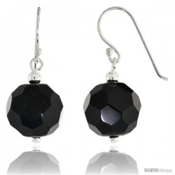 Sterling Silver Dangle Earrings, w/ Faceted Black Obsidian Beads, 1 1/8" (29 mm) tall