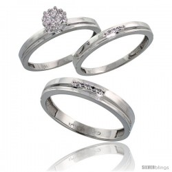 10k White Gold Diamond Trio Engagement Wedding Rings Set for Him 4mm & Her 3 mm 3-piece 0.10 cttw Brilliant Cut