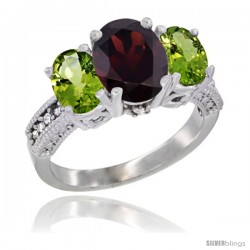 14K White Gold Ladies 3-Stone Oval Natural Garnet Ring with Peridot Sides Diamond Accent