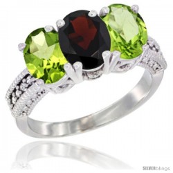 14K White Gold Natural Garnet & Peridot Sides Ring 3-Stone 7x5 mm Oval Diamond Accent