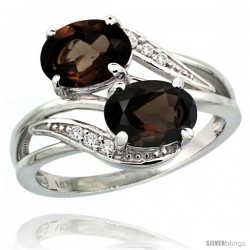 14k White Gold ( 8x6 mm ) Double Stone Engagement Smoky Topaz Ring w/ 0.07 Carat Brilliant Cut Diamonds & 2.34 Carats Oval Cut