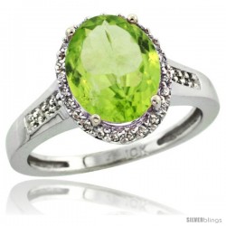 14k White Gold Diamond Peridot Ring 2.4 ct Oval Stone 10x8 mm, 1/2 in wide