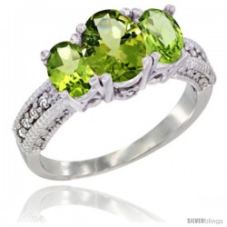 14k White Gold Ladies Oval Natural Peridot 3-Stone Ring Diamond Accent