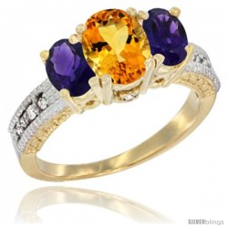 14k Yellow Gold Ladies Oval Natural Citrine 3-Stone Ring with Amethyst Sides Diamond Accent