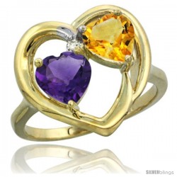 14k Yellow Gold 2-Stone Heart Ring 6mm Natural Amethyst & Citrine Diamond Accent