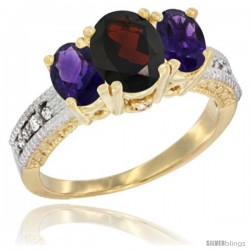 14k Yellow Gold Ladies Oval Natural Garnet 3-Stone Ring with Amethyst Sides Diamond Accent
