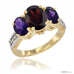 14K Yellow Gold Ladies 3-Stone Oval Natural Garnet Ring with Amethyst Sides Diamond Accent