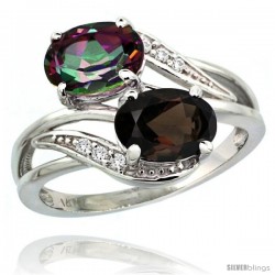 14k White Gold ( 8x6 mm ) Double Stone Engagement Smoky & Mystic Topaz Ring w/ 0.07 Carat Brilliant Cut Diamonds & 2.34 Carats