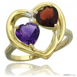 14k Yellow Gold 2-Stone Heart Ring 6mm Natural Amethyst & Garnet Diamond Accent