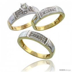 10k Yellow Gold Diamond Trio Wedding Ring Set His 5mm & Hers 4.5mm