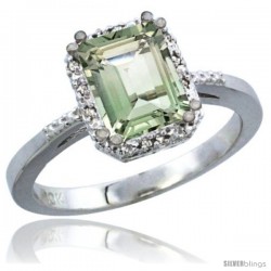 14k White Gold Ladies Natural Green Amethyst Ring Emerald-shape 8x6 Stone Diamond Accent