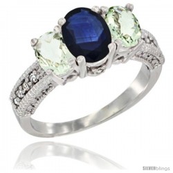 14k White Gold Ladies Oval Natural Blue Sapphire 3-Stone Ring with Green Amethyst Sides Diamond Accent