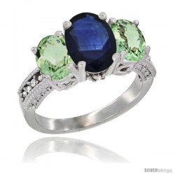 14K White Gold Ladies 3-Stone Oval Natural Blue Sapphire Ring with Green Amethyst Sides Diamond Accent