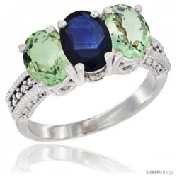 14K White Gold Natural Blue Sapphire & Green Amethyst Sides Ring 3-Stone 7x5 mm Oval Diamond Accent