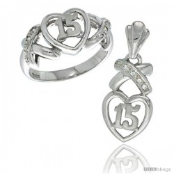 Sterling Silver Quinceanera 15 Anos Heart Ring & Pendant Set CZ Stones CZ stones Rhodium Finished