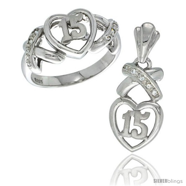 Sterling Silver Quinceanera 15 Anos Heart Ring & Pendant Set CZ Stones Rhodium Finished