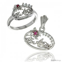 Sterling Silver Quinceanera 15 ANOS Flower Ring & Pendant Set CZ Stones Rhodium Finished