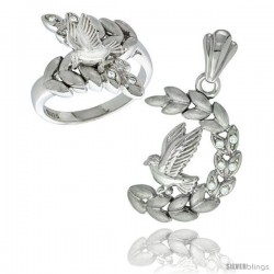 Sterling Silver Dove on Olive Branch Ring & Pendant Set CZ Stones Rhodium Finished