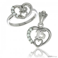 Sterling Silver Quinceanera 15 ANOS Heart Ring & Pendant Set CZ Stones Rhodium Finished