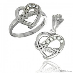 Sterling Silver AMOR Heart Ring & Pendant Set CZ Stones Rhodium Finished