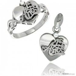 Sterling Silver Quinceanera 15 ANOS Heart Ring & Pendant Set CZ Stones Rhodium Finished -Style Rpzh113