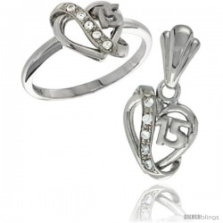 Sterling Silver Quinceanera 15 ANOS Heart Ring & Pendant Set CZ Stones Rhodium Finished -Style Rpzh114