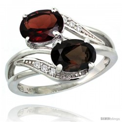 14k White Gold ( 8x6 mm ) Double Stone Engagement Smoky Topaz & Garnet Ring w/ 0.07 Carat Brilliant Cut Diamonds & 2.34 Carats