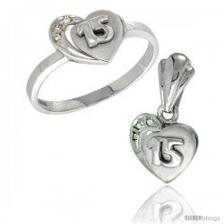 Sterling Silver Quinceanera 15 ANOS Heart Ring & Pendant Set CZ Stones Rhodium Finished -Style Rpzh115