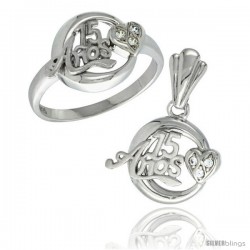 Sterling Silver Quinceanera 15 ANOS w/ Heart Ring & Pendant Set CZ Stones Rhodium Finished