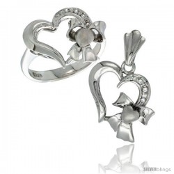 Sterling Silver Heart w/ Bow Heart Ring & Pendant Set CZ Stones Rhodium Finished