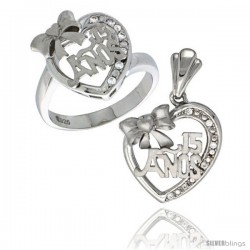 Sterling Silver Quinceanera 15 ANOS w/ Bow Heart Ring & Pendant Set CZ Stones Rhodium Finished